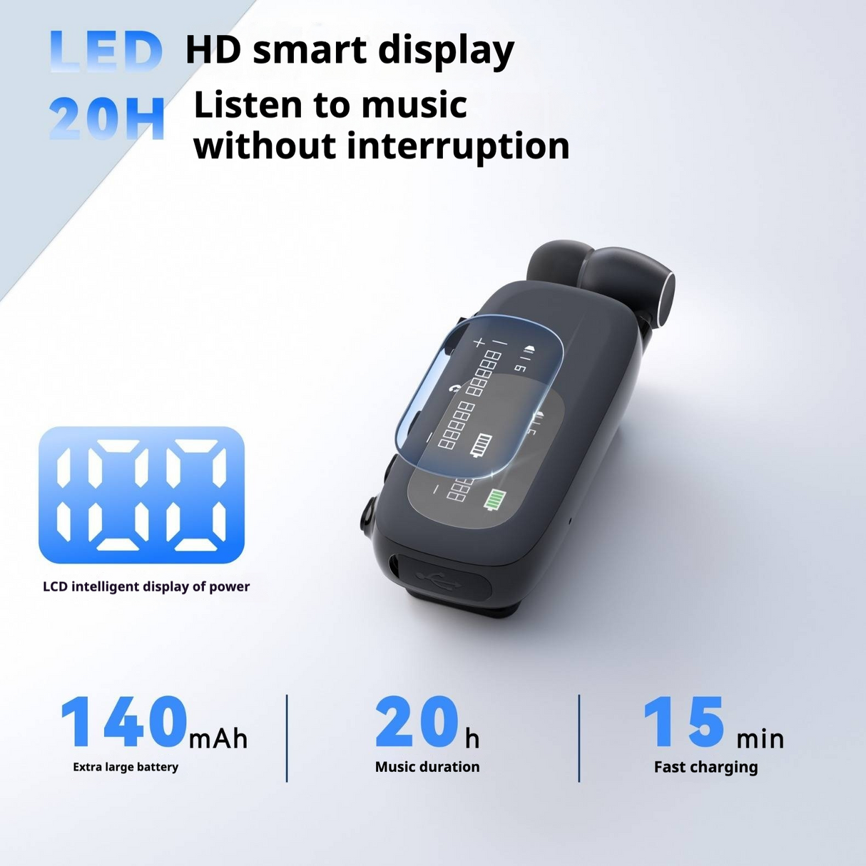 V5.4 Wireless In-Ear Ultra-Long Battery Life Digital Display Noise Reduction Single-Ear Pull-Wire Collar Clip Earphones HEP