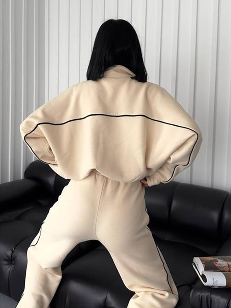 Casual Suit Long-Sleeved Half Turtleneck Cardigan Sweatshirt Lace-Up Striped Pants