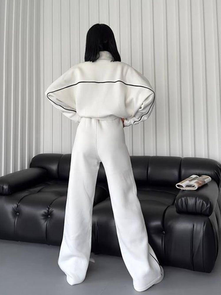 Casual Suit Long-Sleeved Half Turtleneck Cardigan Sweatshirt Lace-Up Striped Pants