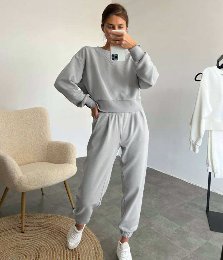 Pure Color Fashion Casual Long-Sleeved Suit Two-Piece Set Light gray