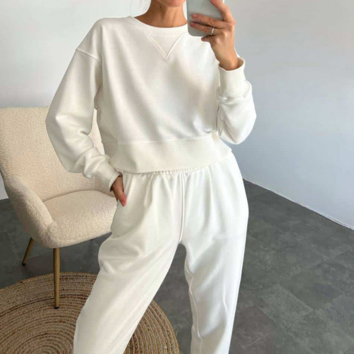 Pure Color Fashion Casual Long-Sleeved Suit Two-Piece Set Ivory