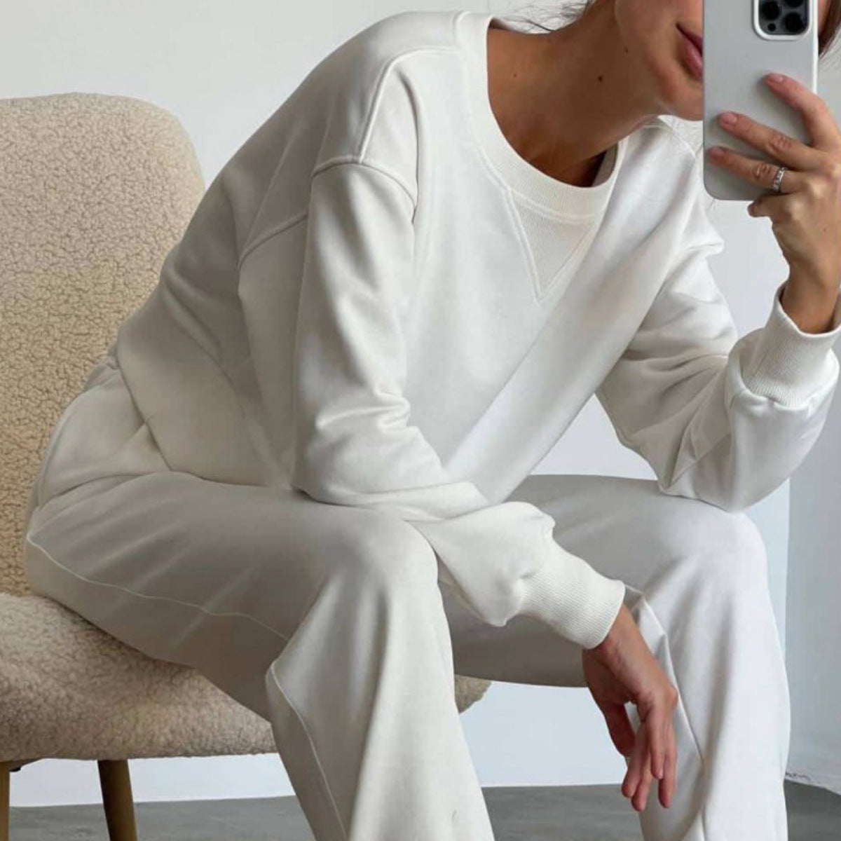 Pure Color Fashion Casual Long-Sleeved Suit Two-Piece Set Ivory