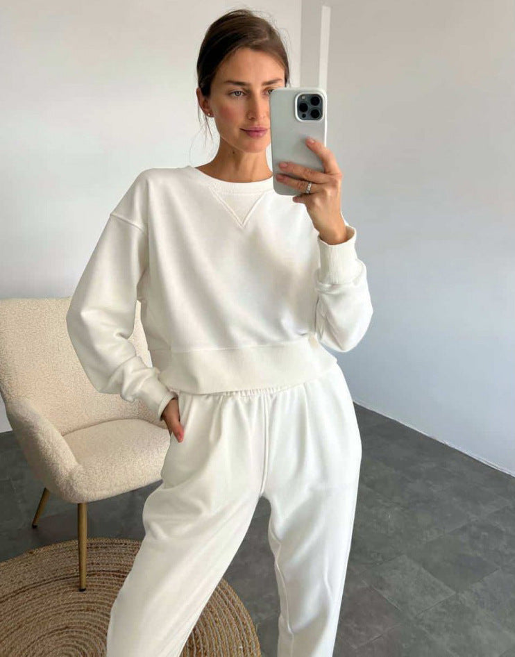 Pure Color Fashion Casual Long-Sleeved Suit Two-Piece Set Ivory