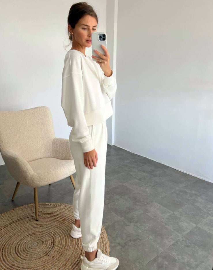 Pure Color Fashion Casual Long-Sleeved Suit Two-Piece Set Ivory