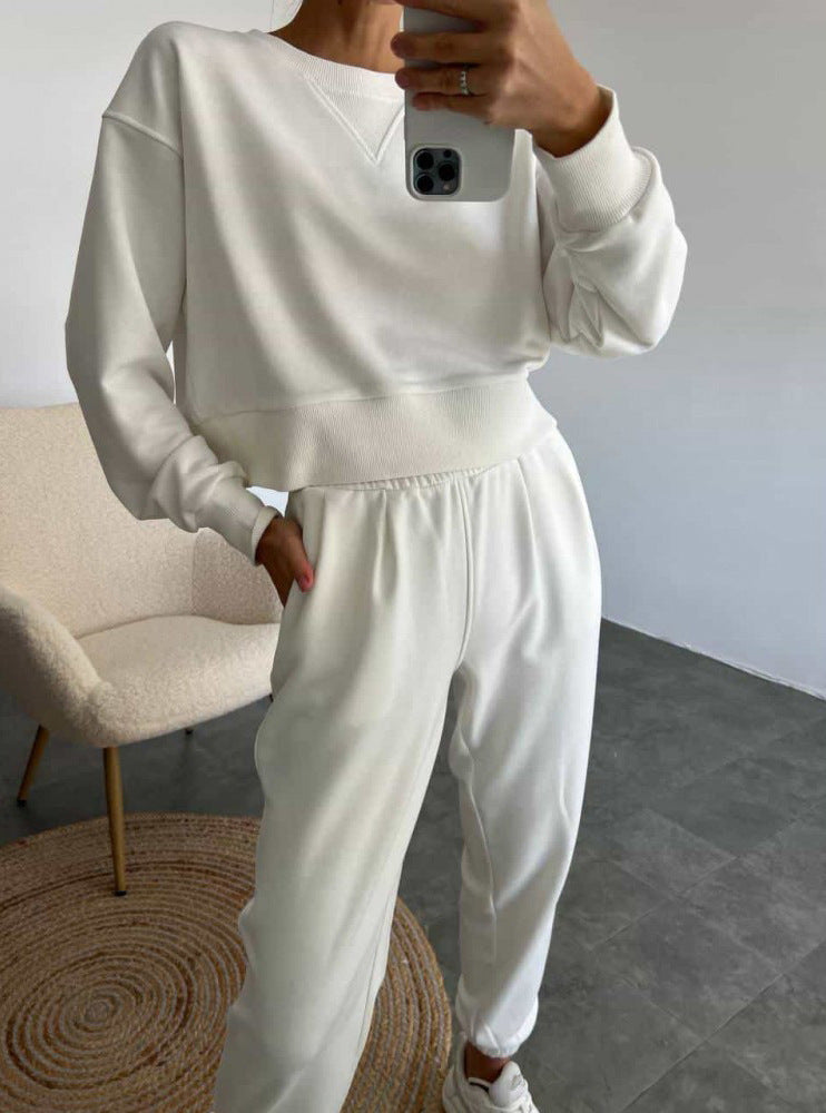Pure Color Fashion Casual Long-Sleeved Suit Two-Piece Set Ivory
