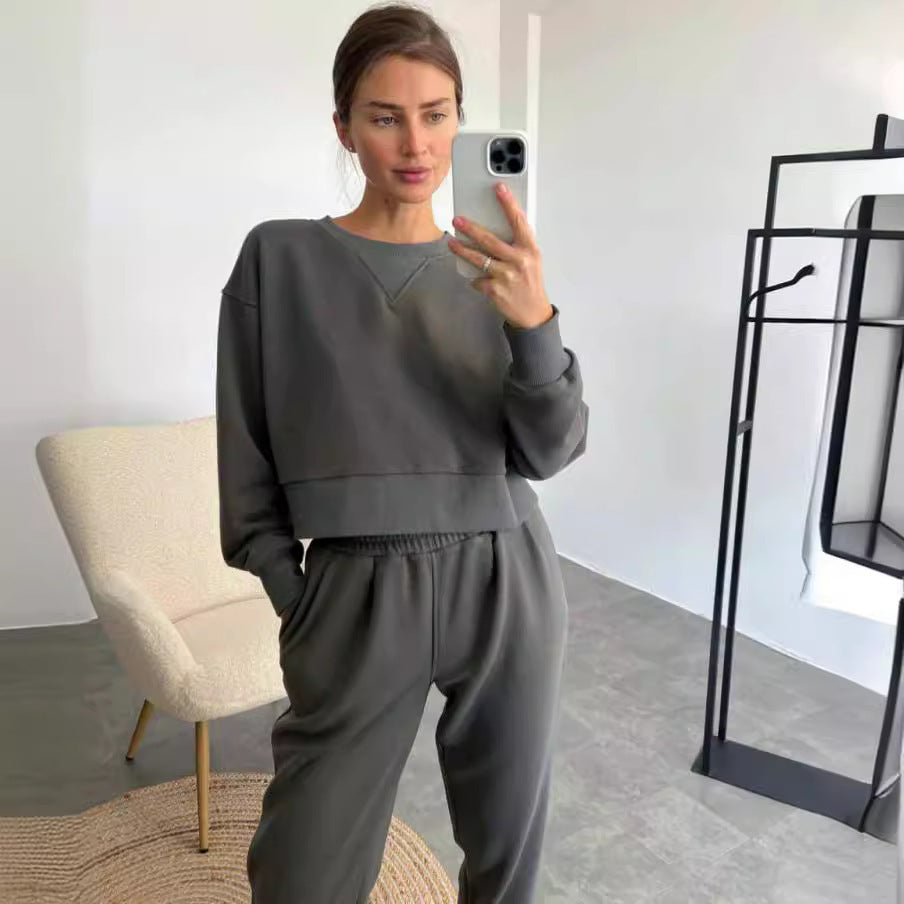 Pure Color Fashion Casual Long-Sleeved Suit Two-Piece Set Battleship Ash