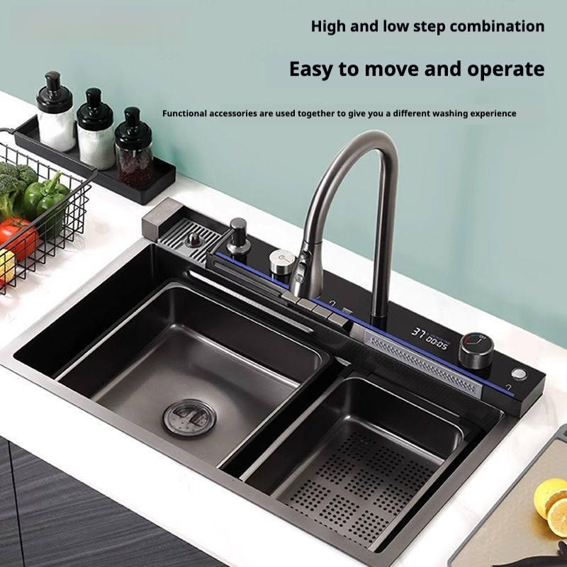 حوض من الألومنيوم بفتحة واحدة كبيرة منقوش على شكل قرص العسل بتصميم حوت طائر مخصص مع شاشة رقمية وزر KS