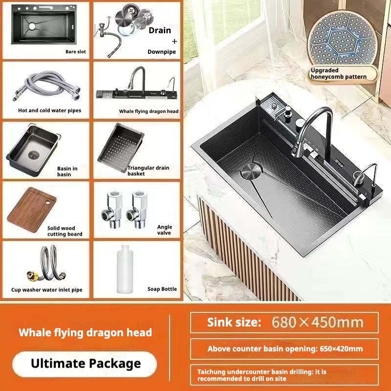 Ultra-thick Kitchen Whale Honeycomb Sink 304 Single-slot Digital Display Stainless Steel Nano Household Food Grade Sink KS