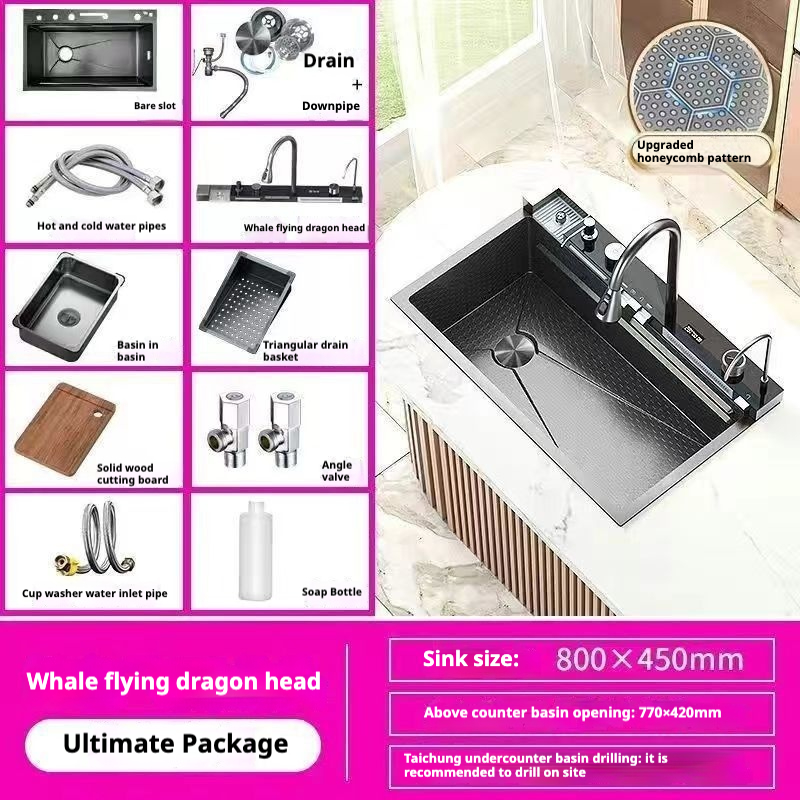 Ultra-thick Kitchen Whale Honeycomb Sink 304 Single-slot Digital Display Stainless Steel Nano Household Food Grade Sink KS