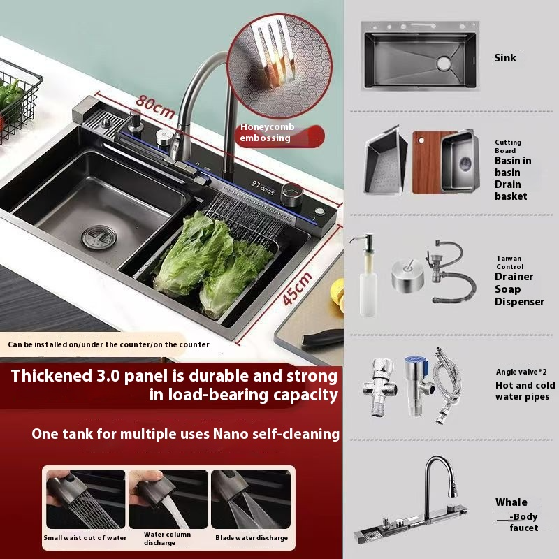 حوض من الألومنيوم بفتحة واحدة كبيرة منقوش على شكل قرص العسل بتصميم حوت طائر مخصص مع شاشة رقمية وزر KS