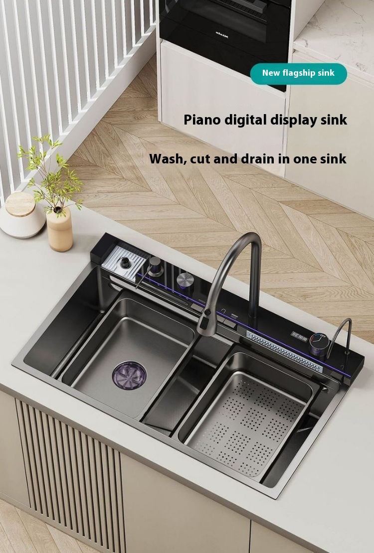 حوض من الألومنيوم بفتحة واحدة كبيرة منقوش على شكل قرص العسل بتصميم حوت طائر مخصص مع شاشة رقمية وزر KS