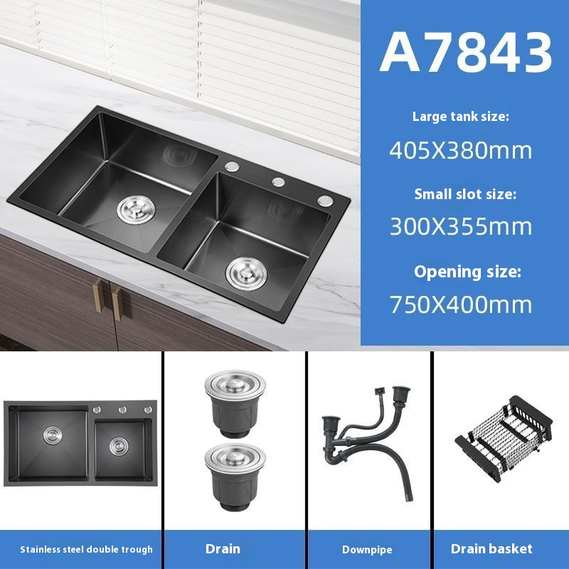 Kitchen Sink Double Trough Black Nano 304 Dishwashing Pool Thickened Stainless Steel Household Washing Vegetable Default Item Manual KS