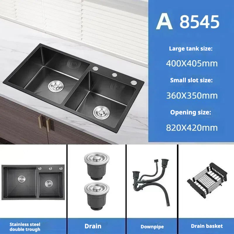 Kitchen Sink Double Trough Black Nano 304 Dishwashing Pool Thickened Stainless Steel Household Washing Vegetable Default Item Manual KS