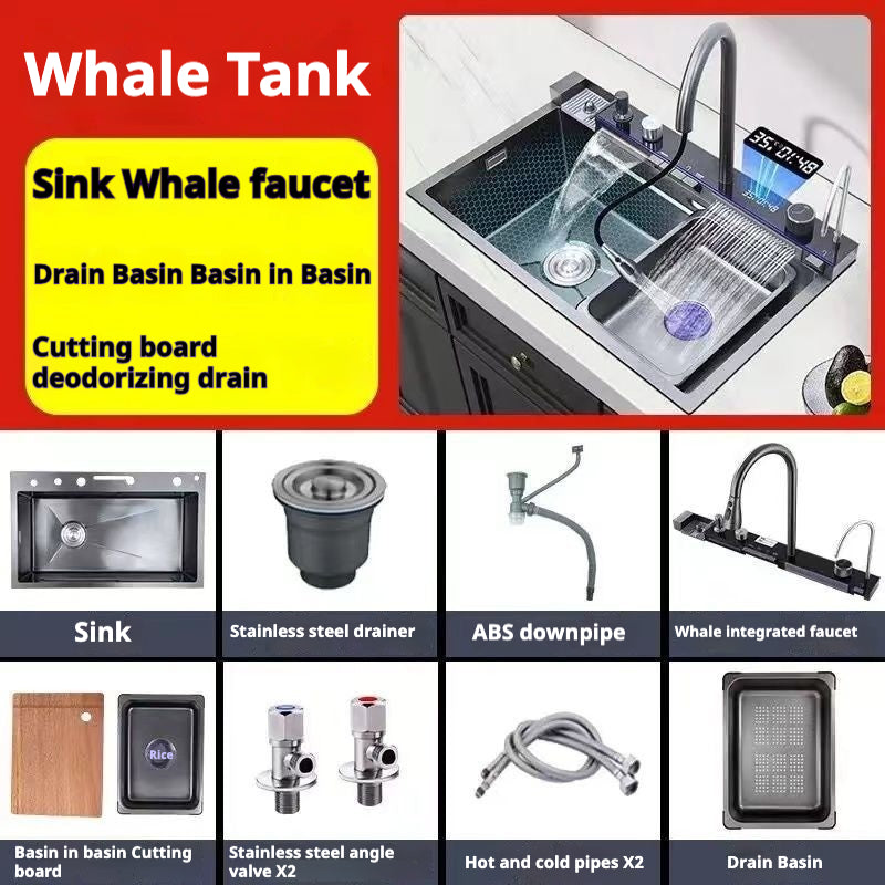 Thickened Kitchen Digital Display Whale Flying Rain Sink Large Single Trough Waterfall Nano Honeycomb Stainless Steel Vegetable Sink KS