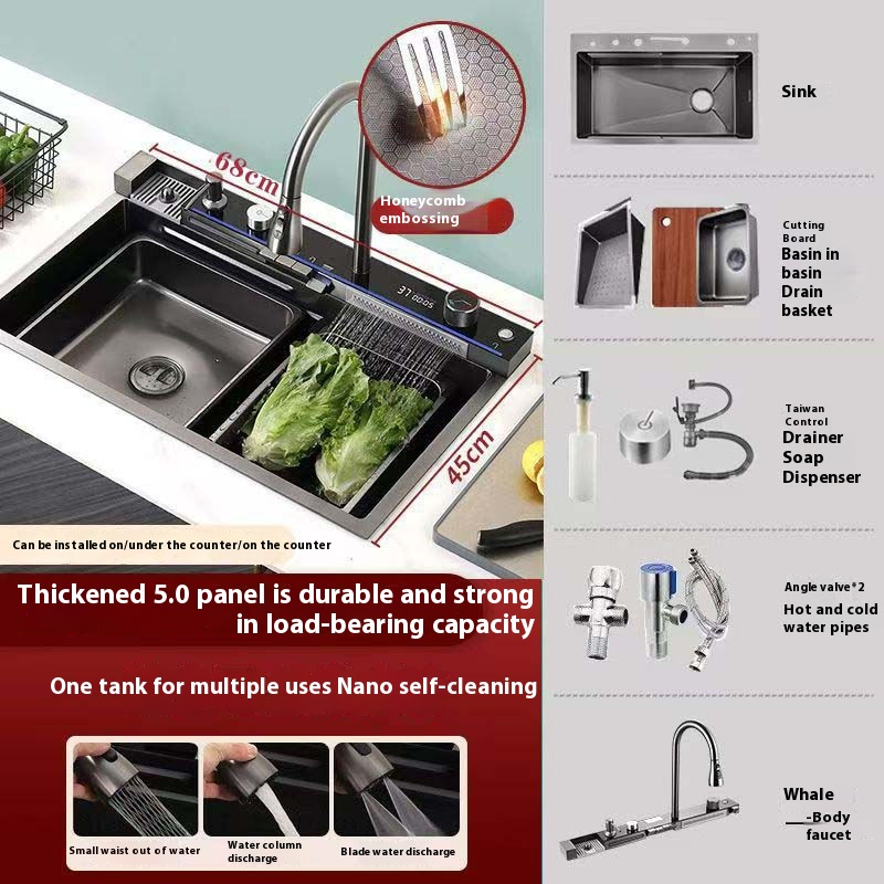 حوض من الألومنيوم بفتحة واحدة كبيرة منقوش على شكل قرص العسل بتصميم حوت طائر مخصص مع شاشة رقمية وزر KS