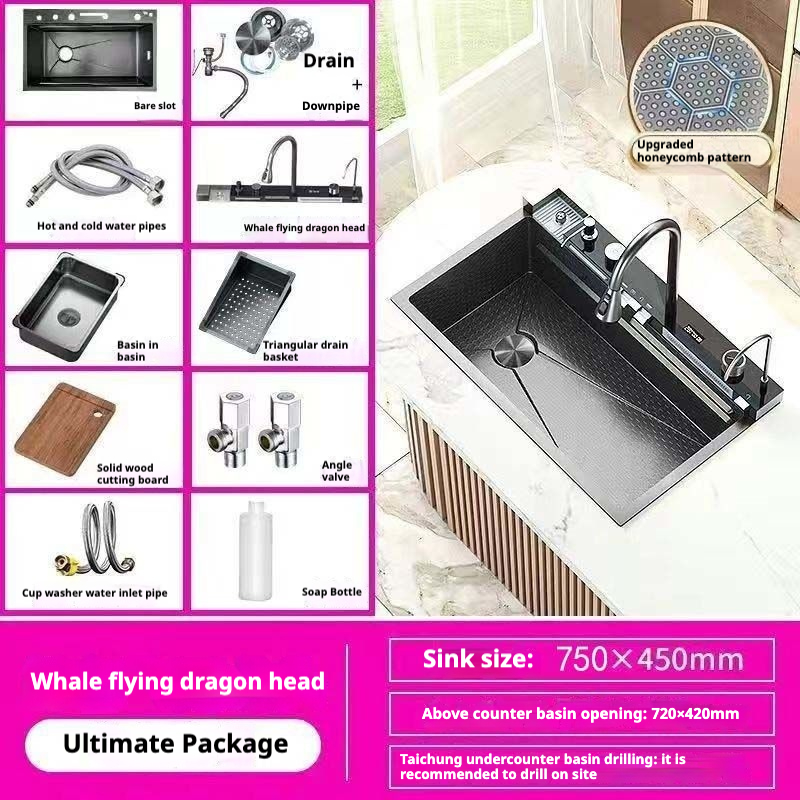 Ultra-thick Kitchen Whale Honeycomb Sink 304 Single-slot Digital Display Stainless Steel Nano Household Food Grade Sink KS