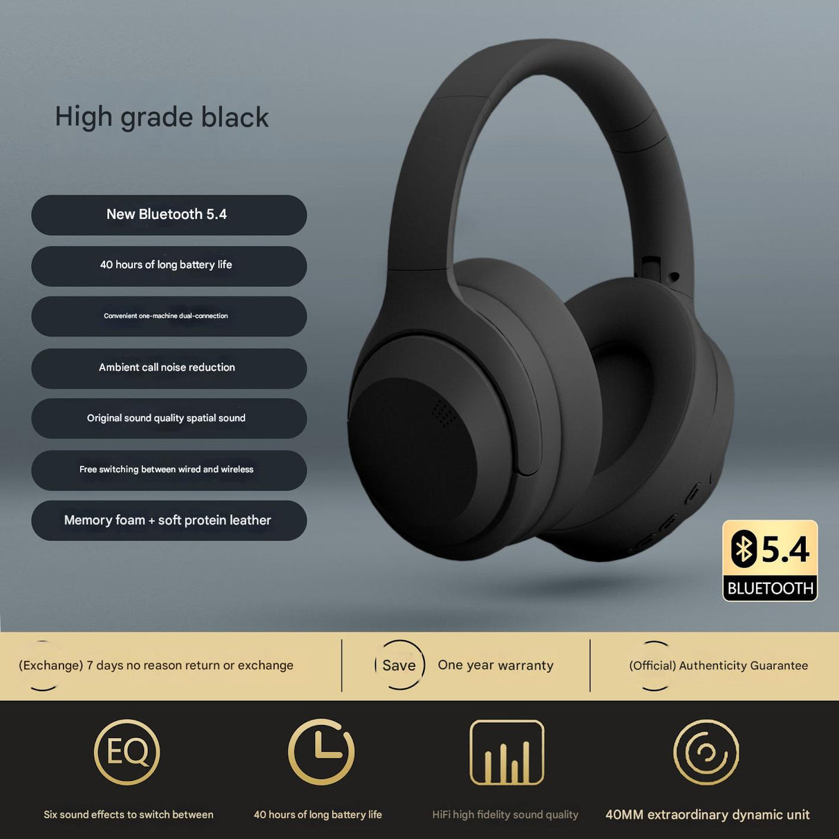 Headset 5.4 Bluetooth Wireless Long Battery Life Noise Reduction Full Ear HEP