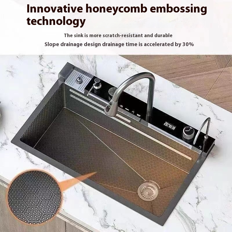 حوض من الألومنيوم بفتحة واحدة كبيرة منقوش على شكل قرص العسل بتصميم حوت طائر مخصص مع شاشة رقمية وزر KS