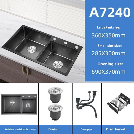 Kitchen Sink Double Trough Black Nano 304 Dishwashing Pool Thickened Stainless Steel Household Washing Vegetable Default Item Manual KS