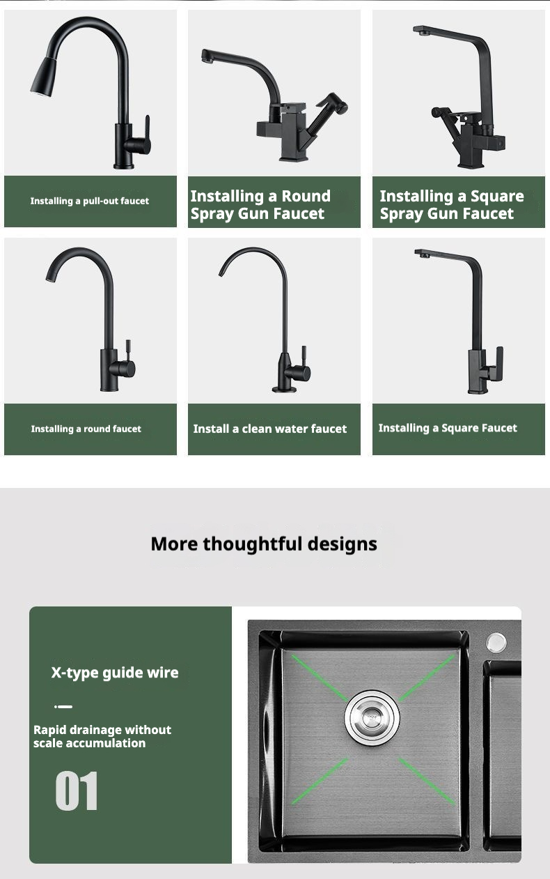 Kitchen Sink Double Trough Black Nano 304 Dishwashing Pool Thickened Stainless Steel Household Washing Vegetable Default Item Manual KS