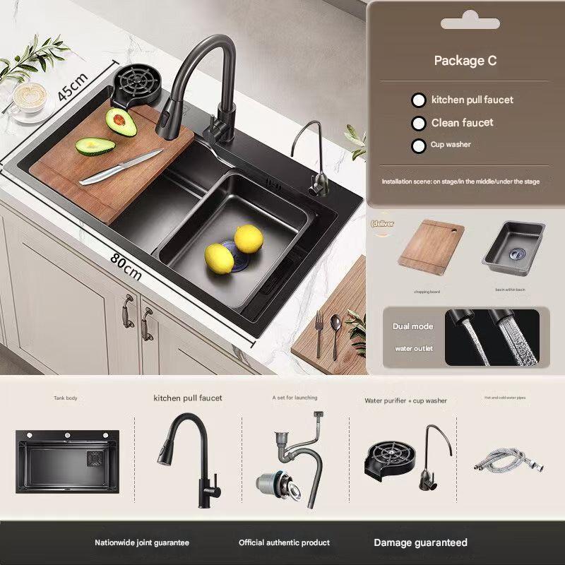 Thickened Kitchen Washing Vegetable Household Stainless Steel Large Single Trough Sink Thickened Handmade Under Counter Basin Washing Dishes And Vegetable Sink Full Set KS