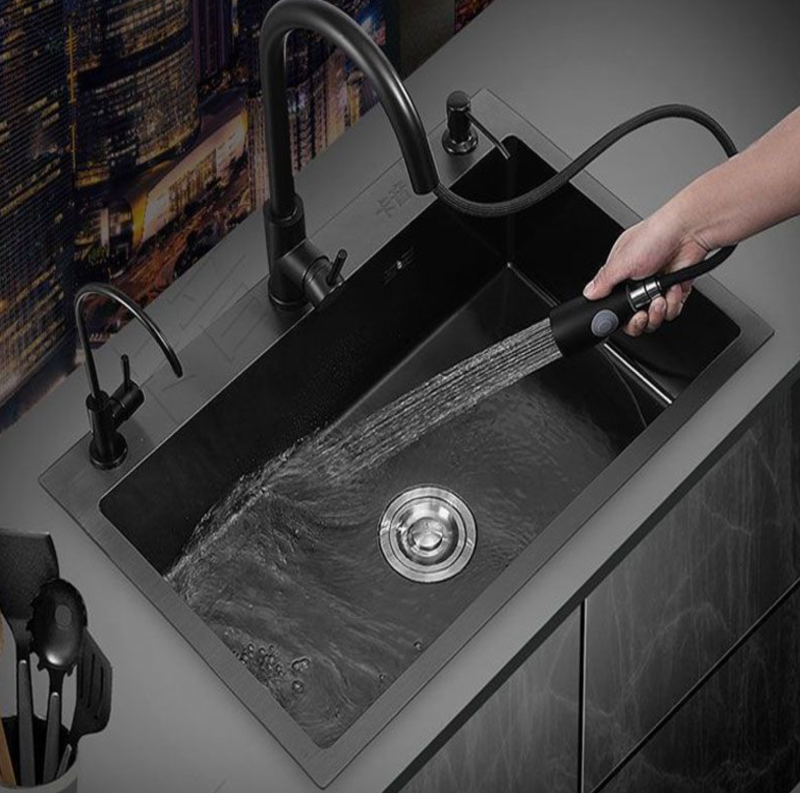 Thickened Black Nano 304 Sink Single Trough Stainless Steel Manual Sink Vegetable Sink Black Diamond Double Trough Sink KS