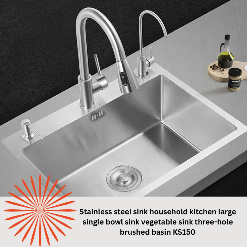 Stainless Steel Sink Household Kitchen Large Single Bowl Sink Vegetable Sink Three-hole Brushed Basin KS