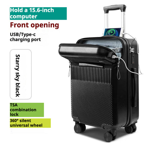 Black suitcase with features highlighted on a white background