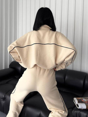 Casual Suit Long-Sleeved Half Turtleneck Cardigan Sweatshirt Lace-Up Striped Pants