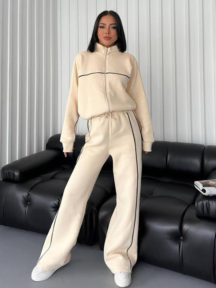 Casual Suit Long-Sleeved Half Turtleneck Cardigan Sweatshirt Lace-Up Striped Pants