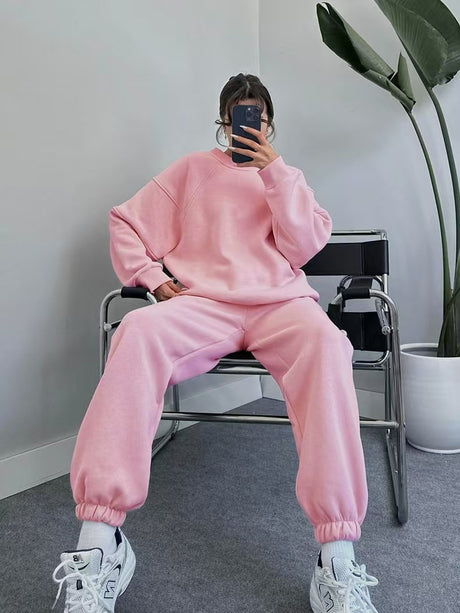 Solid color crew neck hooded long sleeve sweater loose pants suit