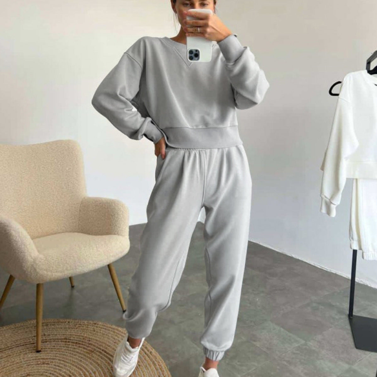 Pure Color Fashion Casual Long-Sleeved Suit Two-Piece Set Light gray