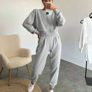 Pure Color Fashion Casual Long-Sleeved Suit Two-Piece Set Light gray