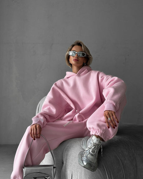 Pure Color Long-Sleeved Hooded Sweatshirt Women's Casual Pants Suit