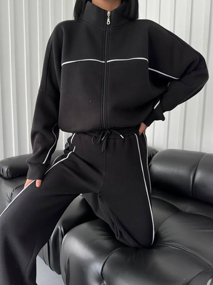 Casual Suit Long-Sleeved Half Turtleneck Cardigan Sweatshirt Lace-Up Striped Pants