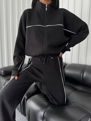 Casual Suit Long-Sleeved Half Turtleneck Cardigan Sweatshirt Lace-Up Striped Pants