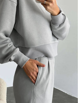 Pure Color Fashion Casual Long-Sleeved Suit Two-Piece Set Light gray
