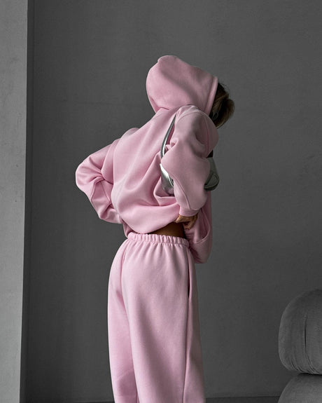 Pure Color Long-Sleeved Hooded Sweatshirt Women's Casual Pants Suit