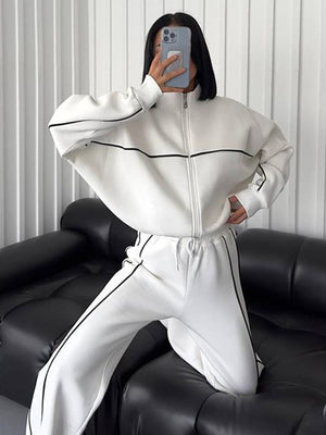 Casual Suit Long-Sleeved Half Turtleneck Cardigan Sweatshirt Lace-Up Striped Pants