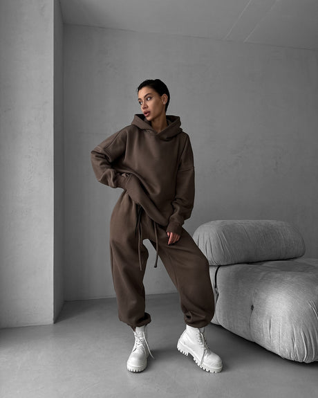 Pure Color Long-Sleeved Hooded Sweatshirt Women's Casual Pants Suit