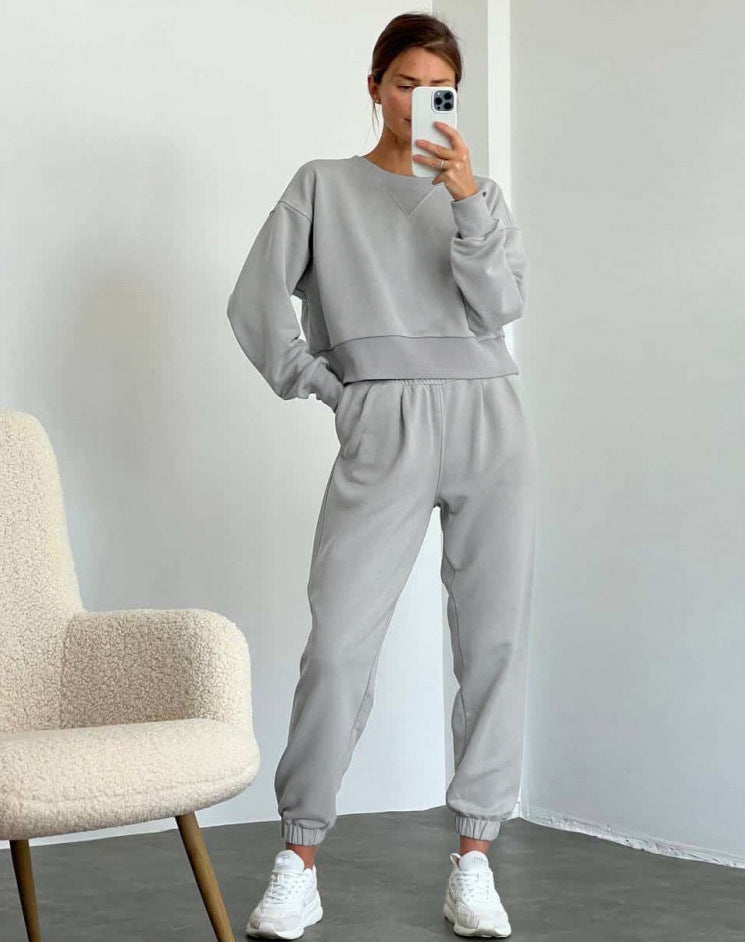 Pure Color Fashion Casual Long-Sleeved Suit Two-Piece Set Light gray