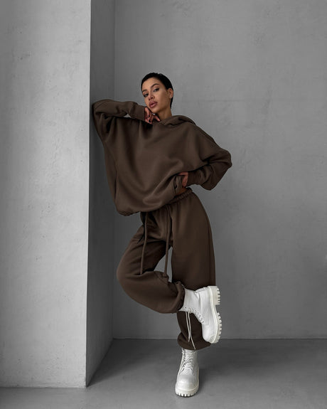 Pure Color Long-Sleeved Hooded Sweatshirt Women's Casual Pants Suit