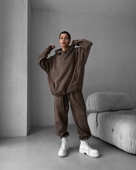 Pure Color Long-Sleeved Hooded Sweatshirt Women's Casual Pants Suit