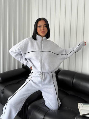 Casual Suit Long-Sleeved Half Turtleneck Cardigan Sweatshirt Lace-Up Striped Pants