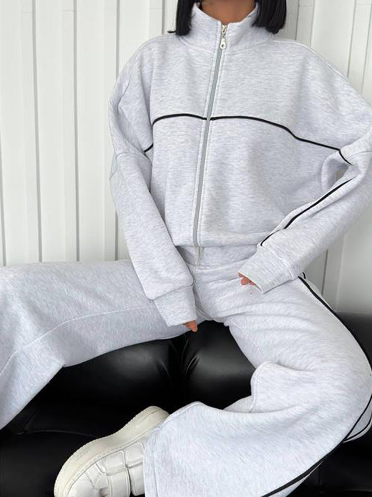 Casual Suit Long-Sleeved Half Turtleneck Cardigan Sweatshirt Lace-Up Striped Pants