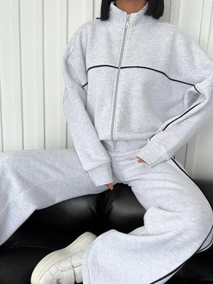Casual Suit Long-Sleeved Half Turtleneck Cardigan Sweatshirt Lace-Up Striped Pants