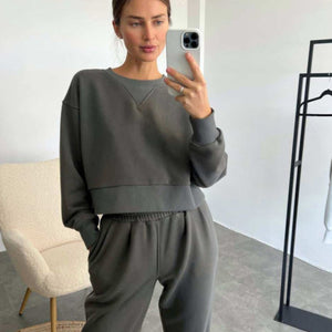 Pure Color Fashion Casual Long-Sleeved Suit Two-Piece Set Battleship Ash