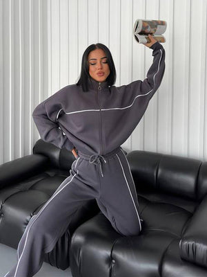 Casual Suit Long-Sleeved Half Turtleneck Cardigan Sweatshirt Lace-Up Striped Pants