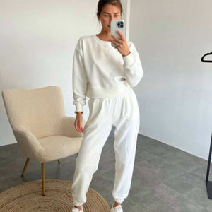Pure Color Fashion Casual Long-Sleeved Suit Two-Piece Set Ivory