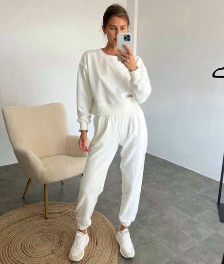 خالص رنگ فیشن آرام دہ اور پرسکون لمبی بازو سوٹ دو ٹکڑا سیٹ آئیوری